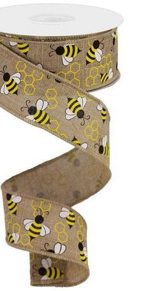 1.5" Mini Bumblebees on Royal Ribbon: Beige (10 Yards) - Michelle's aDOORable Creations - Wired Edge Ribbon