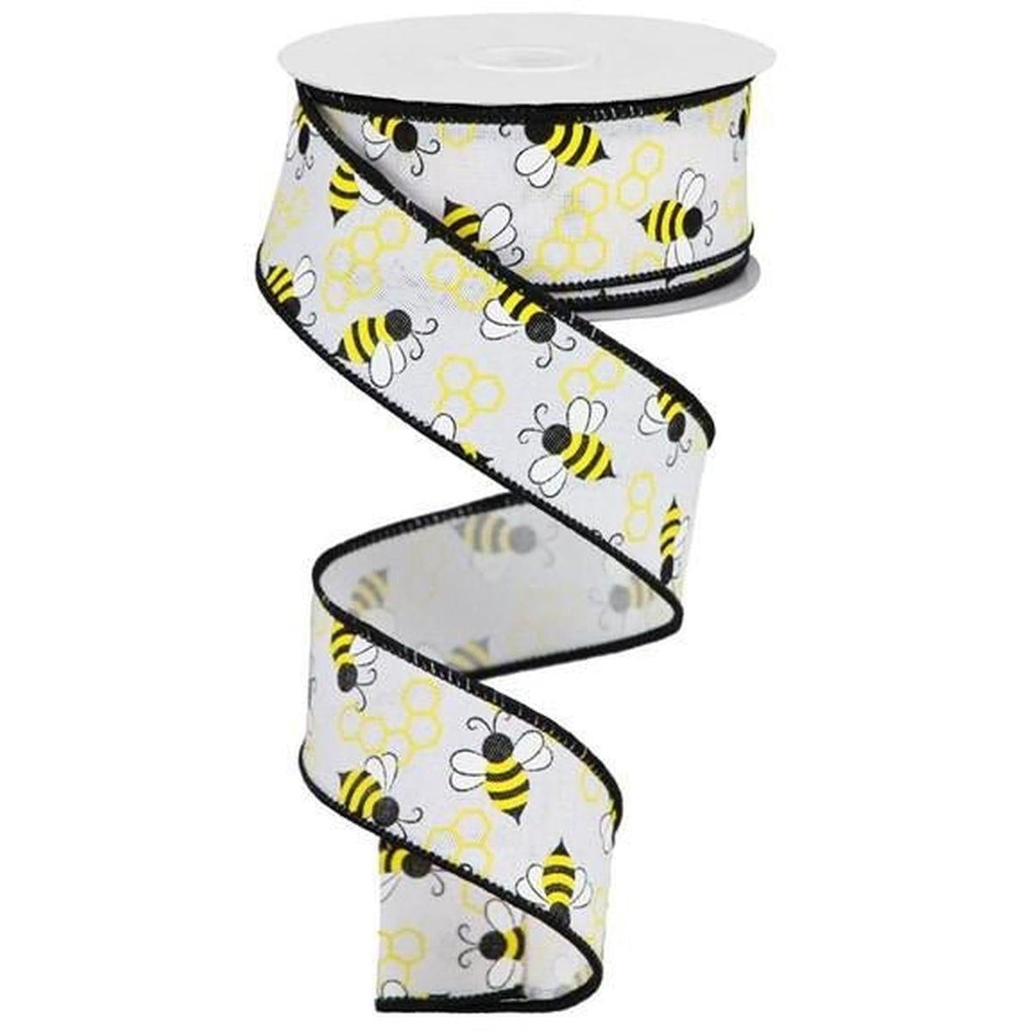 1.5" Mini Bumblebees on Royal Ribbon: White (10 Yards)