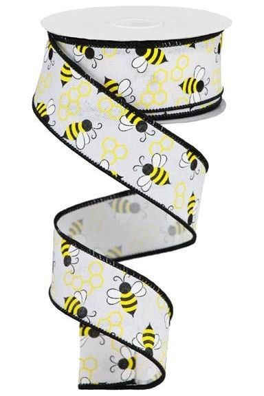 1.5" Mini Bumblebees on Royal Ribbon: White (10 Yards) - Michelle's aDOORable Creations - Wired Edge Ribbon