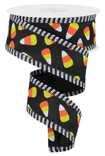 1.5" Mini Candy Corn Stripe Ribbon: Black (10 Yards) - Michelle's aDOORable Creations - Wired Edge Ribbon