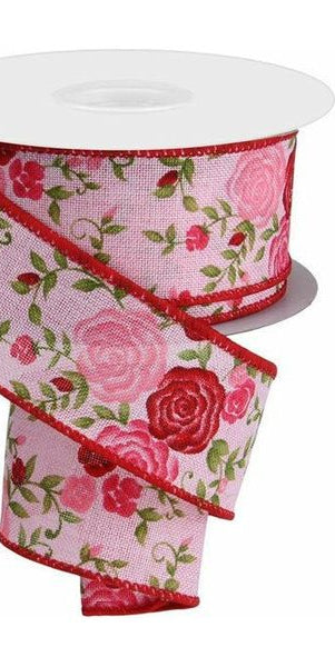 1.5" Mini Roses Ribbon: Light Pink (10 Yards) - Michelle's aDOORable Creations - Wired Edge Ribbon
