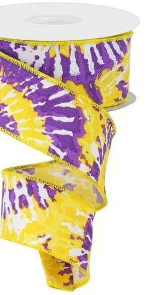 1.5" Multi Color Tie Dye Ribbon: Purple/Yellow (10 Yards) - Michelle's aDOORable Creations - Wired Edge Ribbon