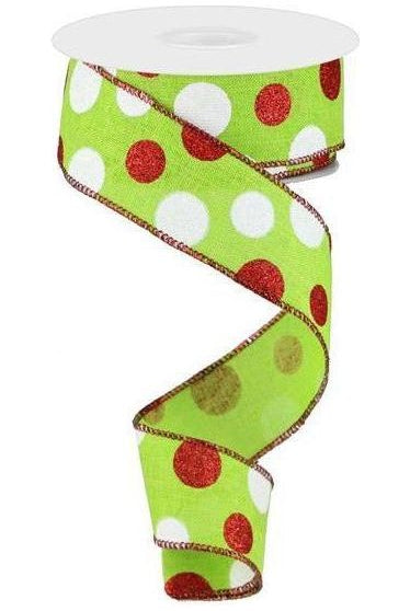 1.5" Multi Glitter Dots Ribbon: Lime Green, Red, White (10 Yards) - Michelle's aDOORable Creations - Wired Edge Ribbon