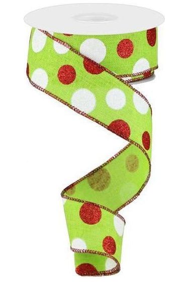 1.5" Multi Glitter Dots Ribbon: Lime Green, Red, White (10 Yards) - Michelle's aDOORable Creations - Wired Edge Ribbon