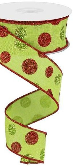 1.5" Multi Glitter Dots Ribbon: Lime/Red/Green - Michelle's aDOORable Creations - Wired Edge Ribbon