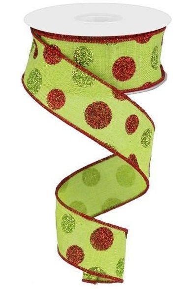 1.5" Multi Glitter Dots Ribbon: Lime/Red/Green - Michelle's aDOORable Creations - Wired Edge Ribbon