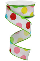 1.5" Multi Polka Dots on Royal Ribbon: White/Green (10 Yards) - Michelle's aDOORable Creations - Wired Edge Ribbon