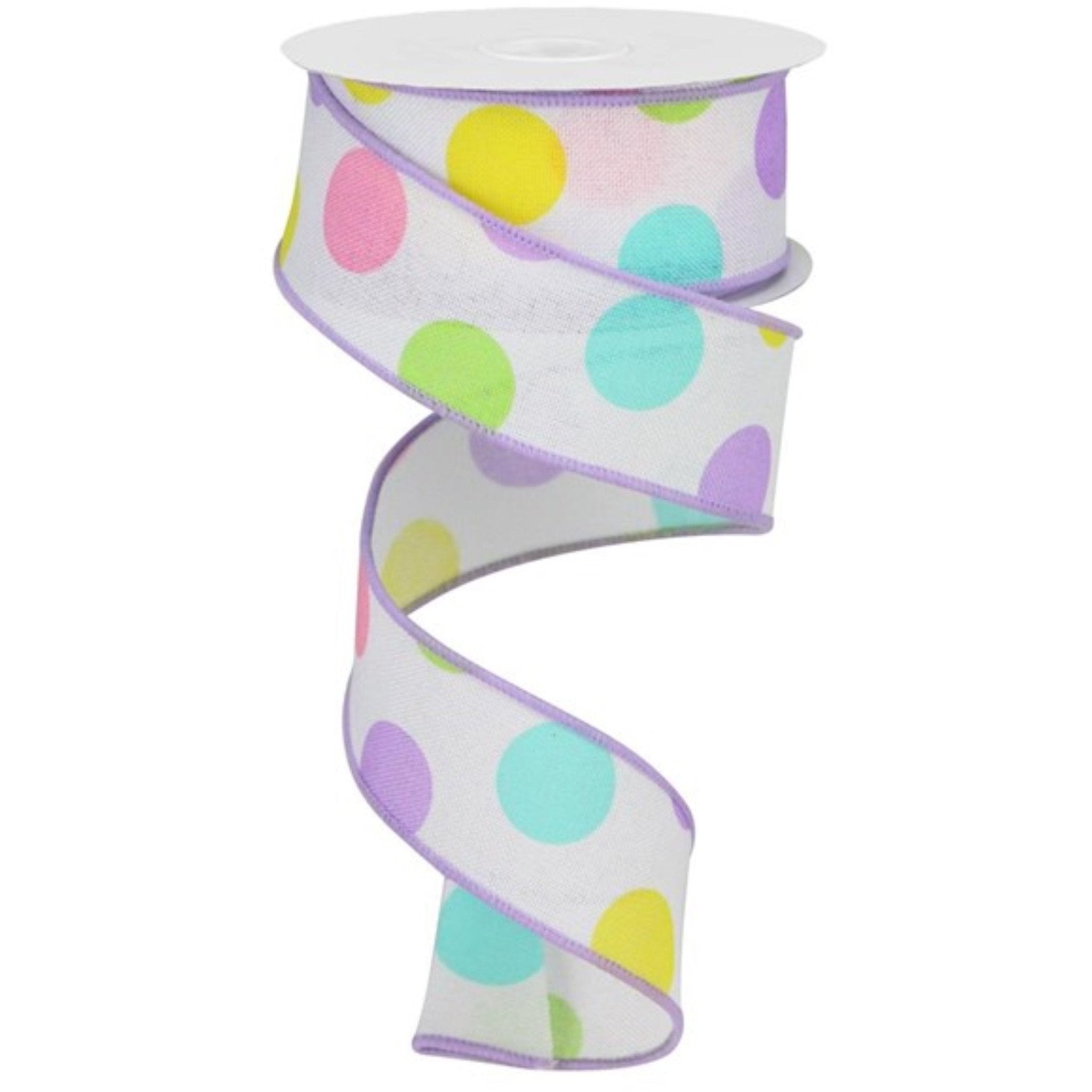 Shop For 1.5" Multi Polka Dots on Royal Ribbon: White/Lavender (10 Yards) at Michelle's aDOORable Creations