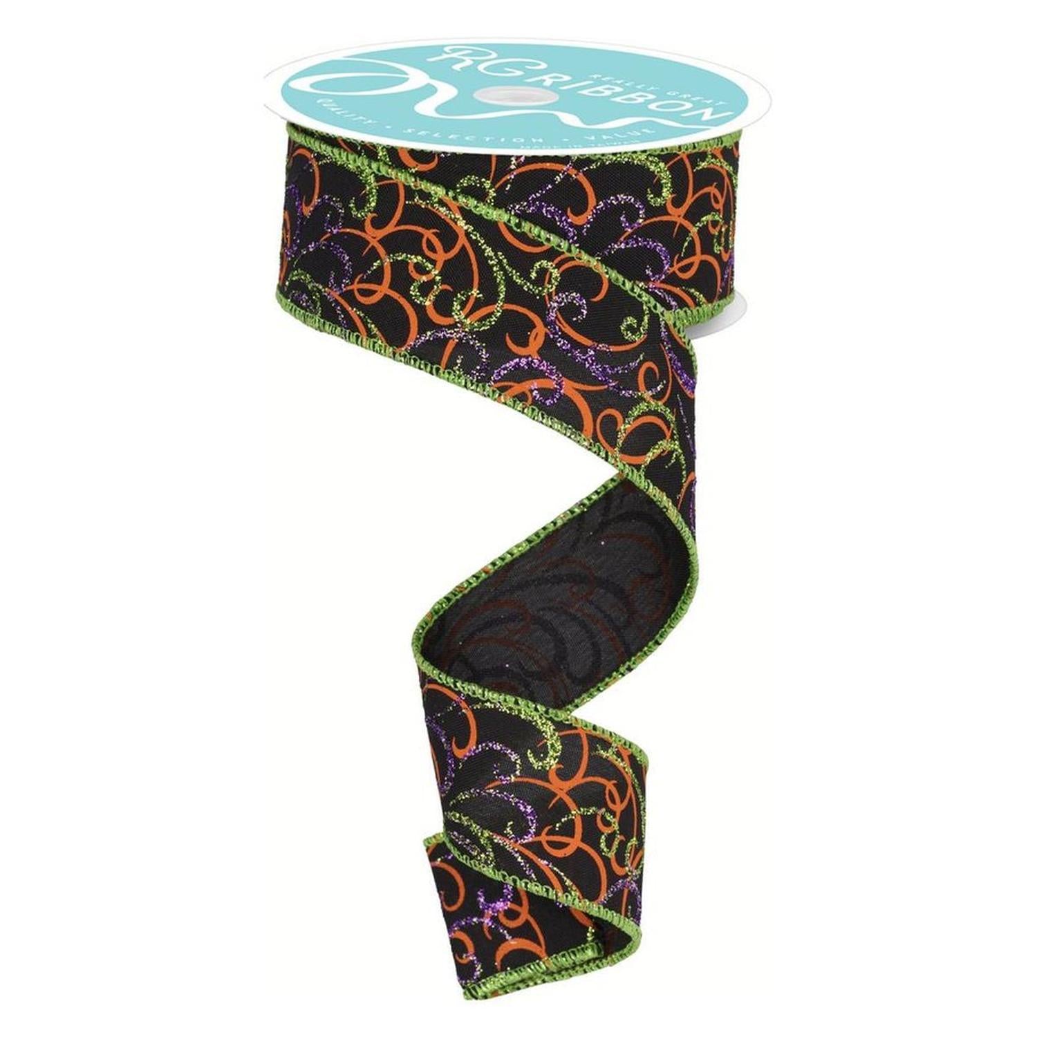 1.5" Multi Swirls Glitter Ribbon: Black/Orange/Purple/Lime (10 Yard)