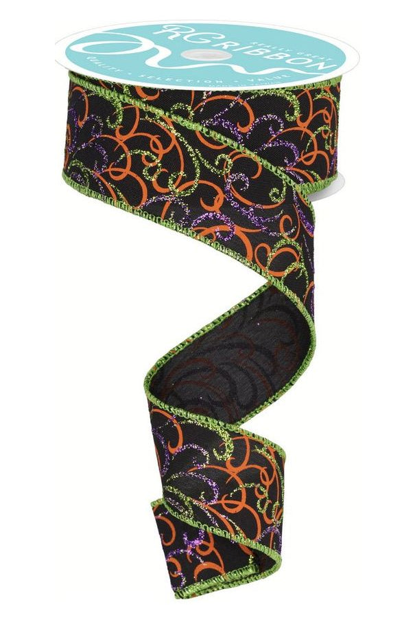 1.5" Multi Swirls Glitter Ribbon: Black/Orange/Purple/Lime (10 Yard) - Michelle's aDOORable Creations - Wired Edge Ribbon