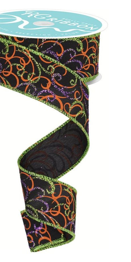 1.5" Multi Swirls Glitter Ribbon: Black/Orange/Purple/Lime (10 Yard) - Michelle's aDOORable Creations - Wired Edge Ribbon