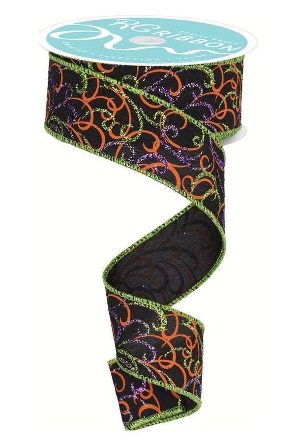 Shop For 1.5" Multi Swirls Glitter Ribbon: Black/Orange/Purple/Lime (10 Yard) at Michelle's aDOORable Creations