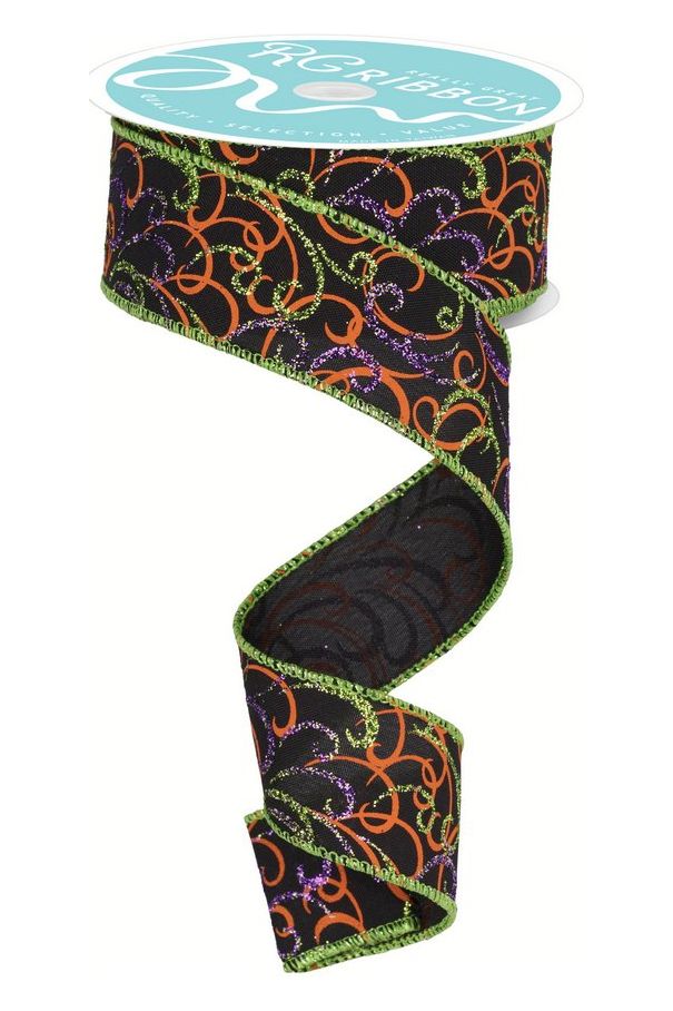 1.5" Multi Swirls Glitter Ribbon: Black/Orange/Purple/Lime (10 Yard) - Michelle's aDOORable Creations - Wired Edge Ribbon