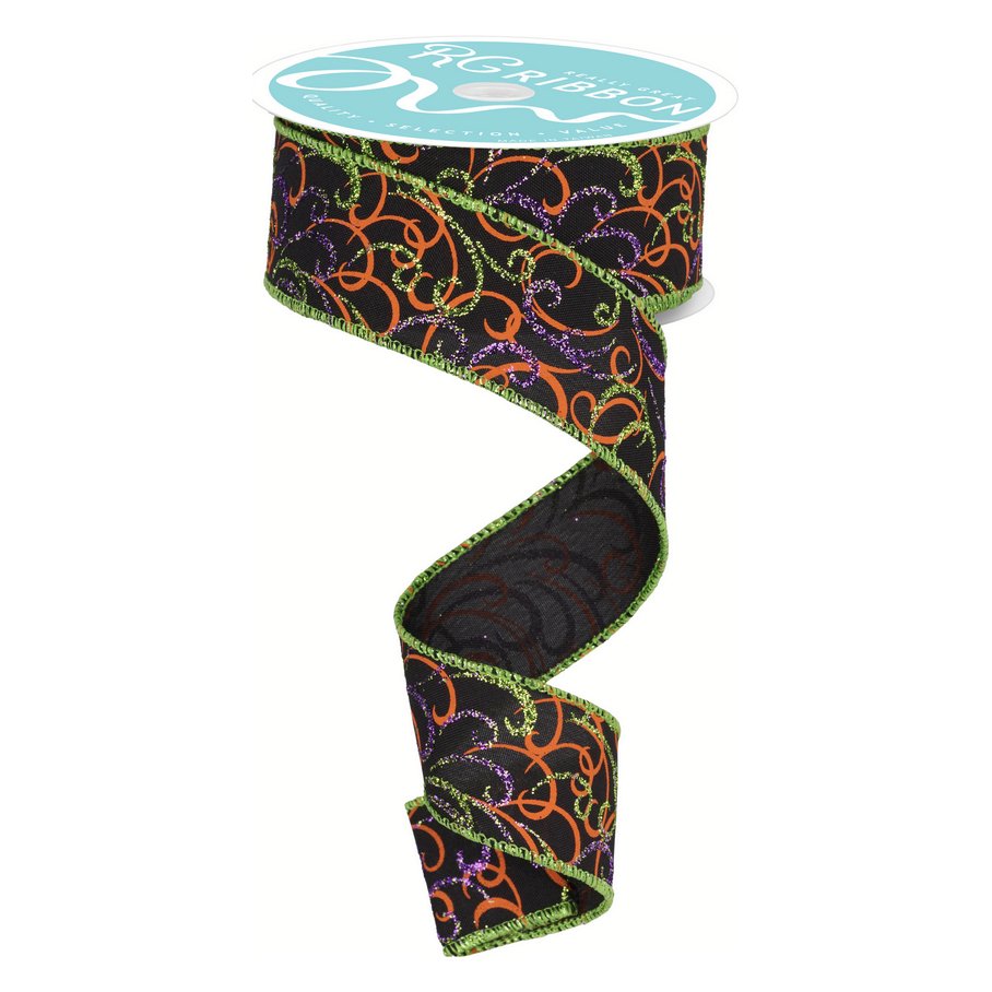 Shop For 1.5" Multi Swirls Glitter Ribbon: Black/Orange/Purple/Lime (10 Yard) at Michelle's aDOORable Creations