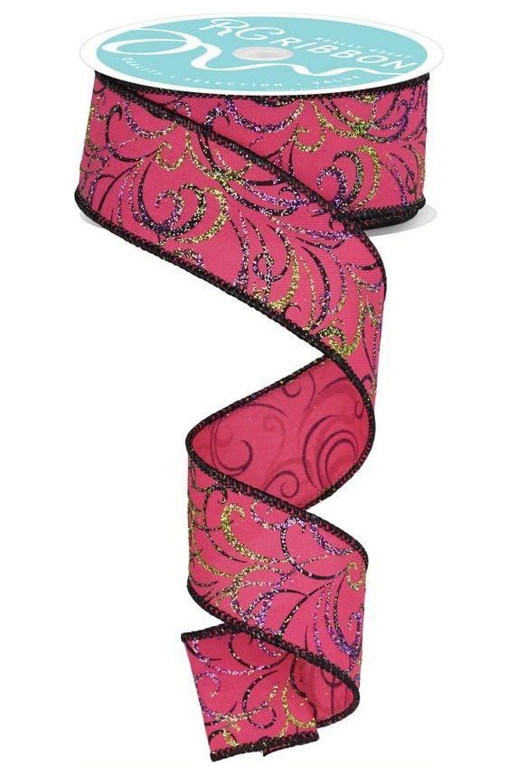 Shop For 1.5" Multi Swirls Glitter Ribbon: Hot Pink/Lime/Black (10 Yard) at Michelle's aDOORable Creations