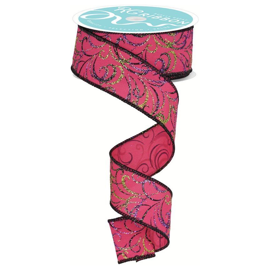 Shop For 1.5" Multi Swirls Glitter Ribbon: Hot Pink/Lime/Black (10 Yard) at Michelle's aDOORable Creations