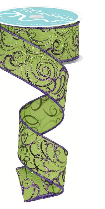 1.5" Multi Swirls Glitter Ribbon: Lime Green/Purple (10 Yard) - Michelle's aDOORable Creations - Wired Edge Ribbon