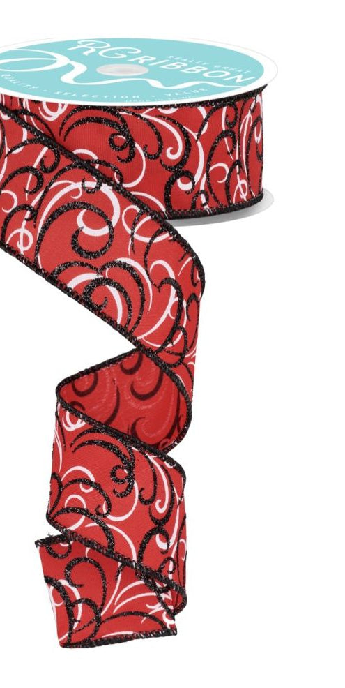 1.5" Multi Swirls Glitter Ribbon: Red/Black (10 Yard) - Michelle's aDOORable Creations - Wired Edge Ribbon