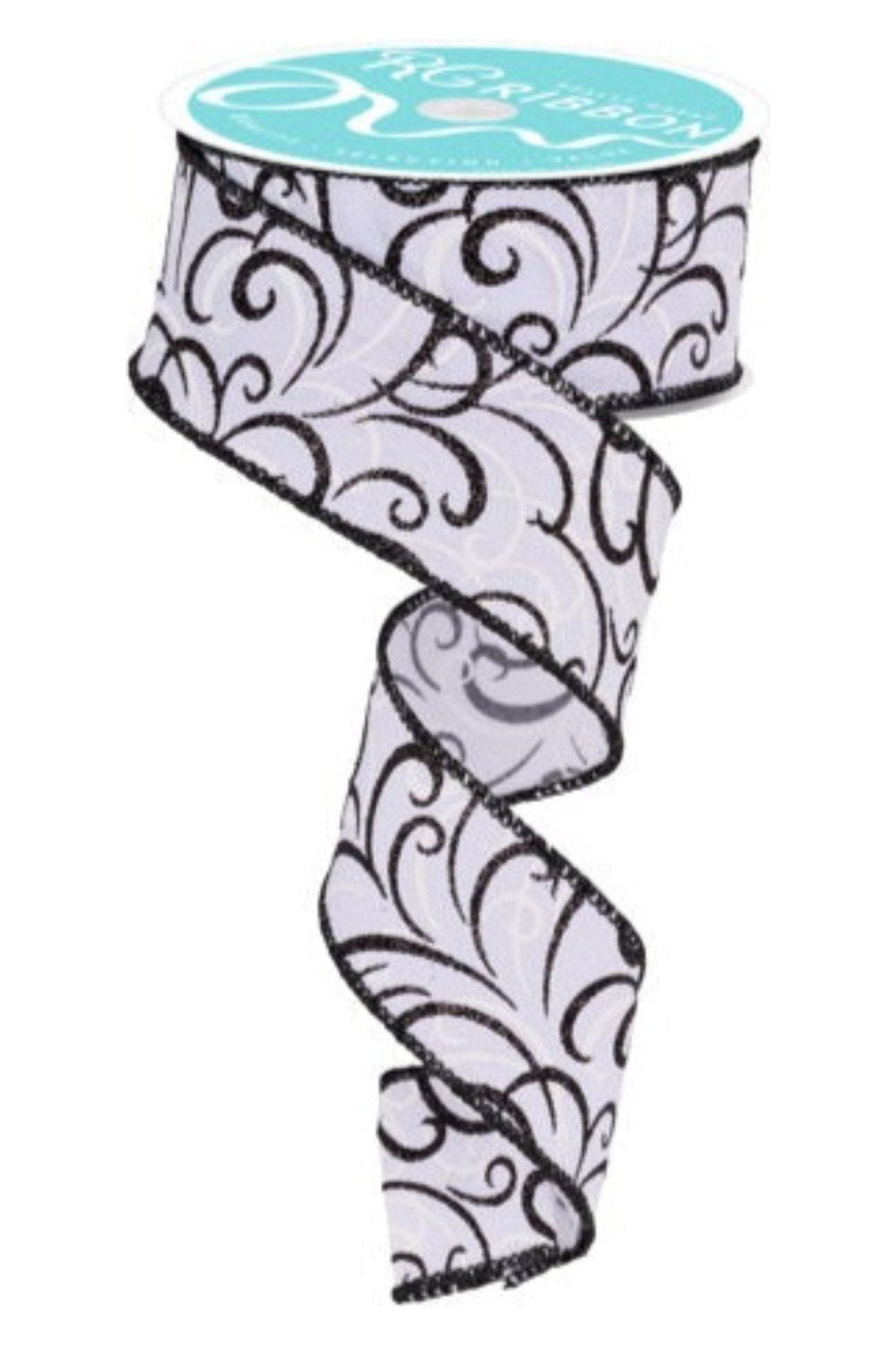 1.5" Multi Swirls Glitter Ribbon: White/Black (10 Yard) - Michelle's aDOORable Creations - Wired Edge Ribbon
