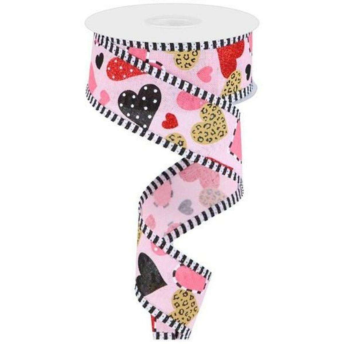 Shop For 1.5" Multiple Pattern Hearts Stripe Ribbon: Pink (10 Yard) at Michelle's aDOORable Creations