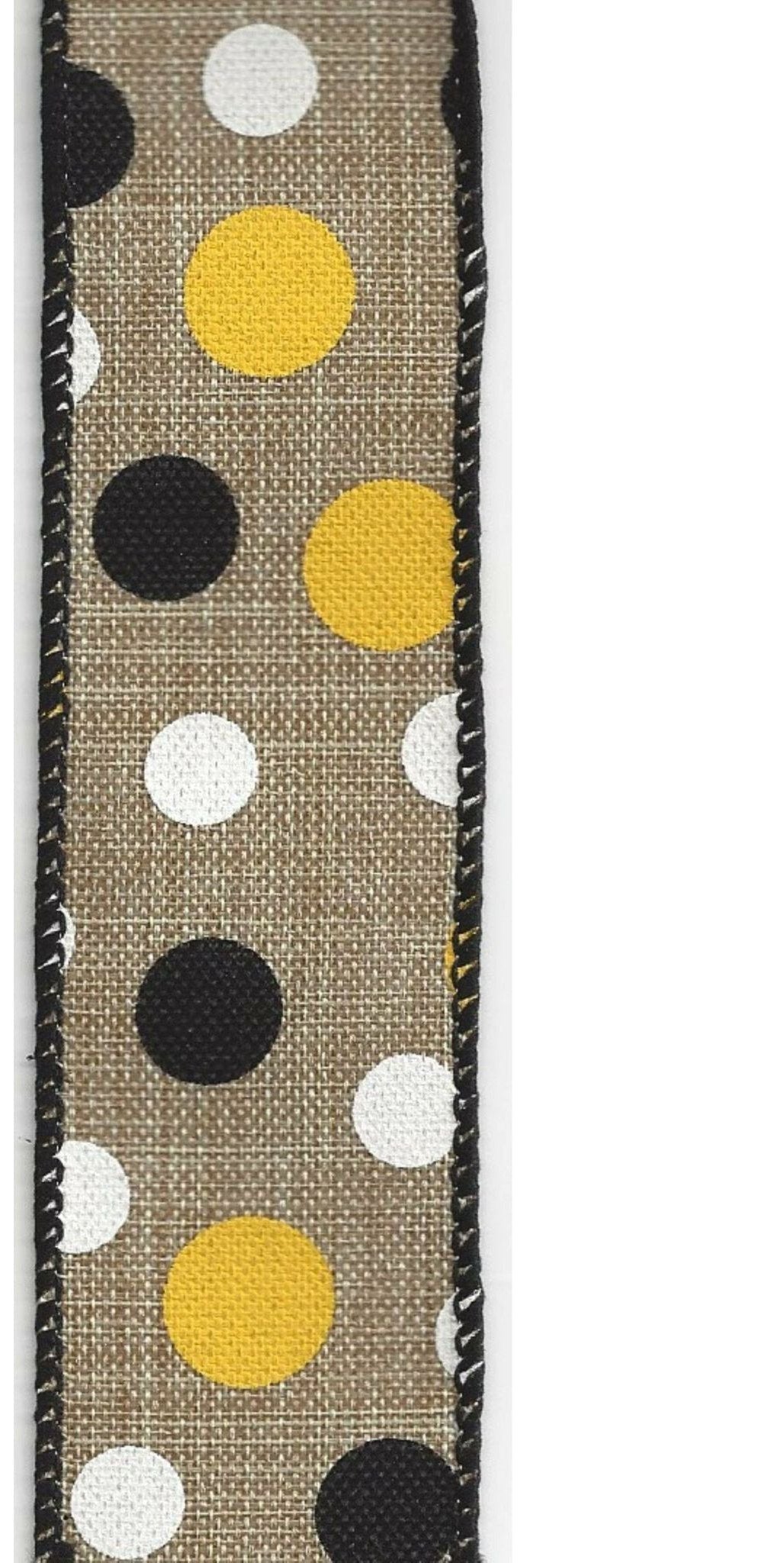 1.5" Natural Canvas Ribbon: Black, Yellow, White Dots (10 Yards) - Michelle's aDOORable Creations - Wired Edge Ribbon