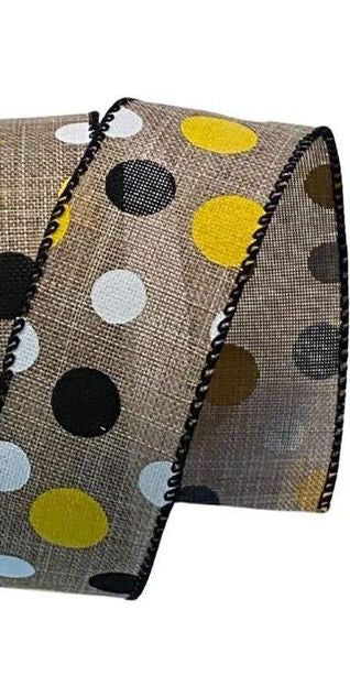 1.5" Natural Canvas Ribbon: Black, Yellow, White Dots (10 Yards) - Michelle's aDOORable Creations - Wired Edge Ribbon
