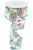 1.5" Paisley on Royal Ribbon: White (10 Yards) - Michelle's aDOORable Creations - Wired Edge Ribbon