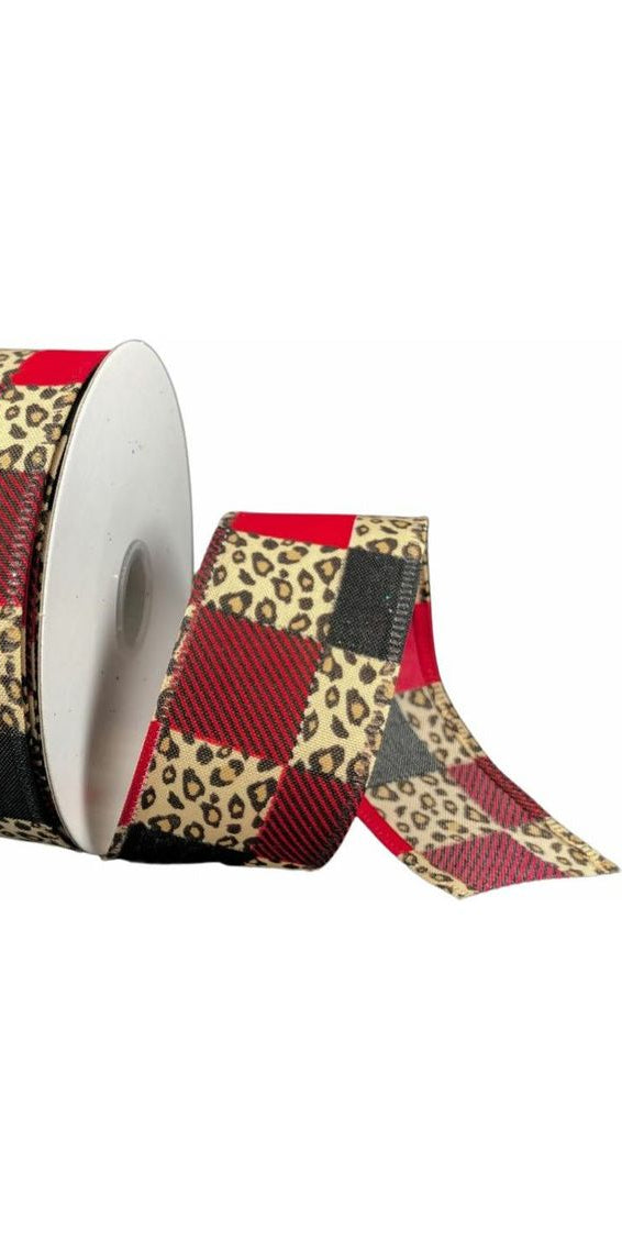 1.5" Patchwork Leopard Ribbon: Red (10 Yards) - Michelle's aDOORable Creations - Wired Edge Ribbon