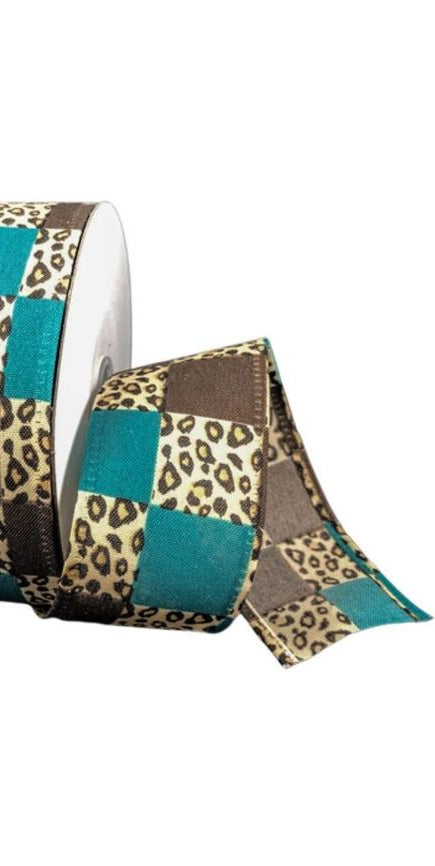 1.5" Patchwork Leopard Ribbon: Turquoise (10 Yards) - Michelle's aDOORable Creations - Wired Edge Ribbon