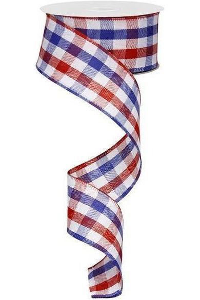 1.5" Patriotic Gingham Plaid Ribbon: Red, White & Blue (10 Yards) - Michelle's aDOORable Creations - Wired Edge Ribbon