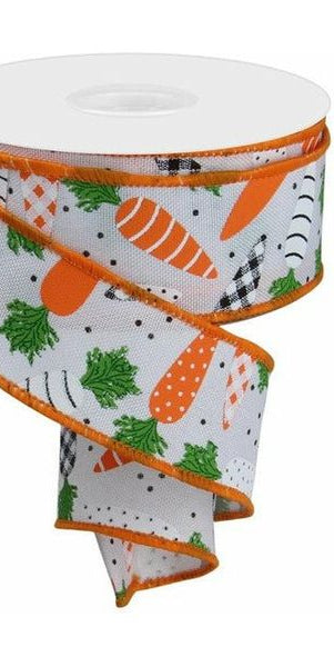 1.5" Pattern Carrots on Royal Ribbon: White (10 Yards) - Michelle's aDOORable Creations - Wired Edge Ribbon
