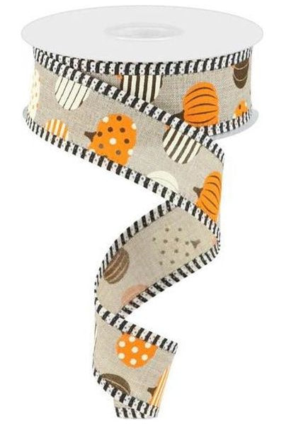 1.5" Pattern Pumpkins Stripe Edge Ribbon: Natural (10 Yards) - Michelle's aDOORable Creations - Wired Edge Ribbon
