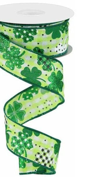 1.5" Pattern Shamrock Ribbon: Lime Green (10 Yards) - Michelle's aDOORable Creations - Wired Edge Ribbon