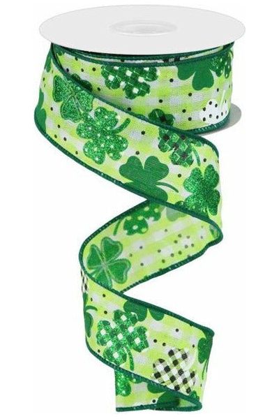 1.5" Pattern Shamrock Ribbon: Lime Green (10 Yards) - Michelle's aDOORable Creations - Wired Edge Ribbon