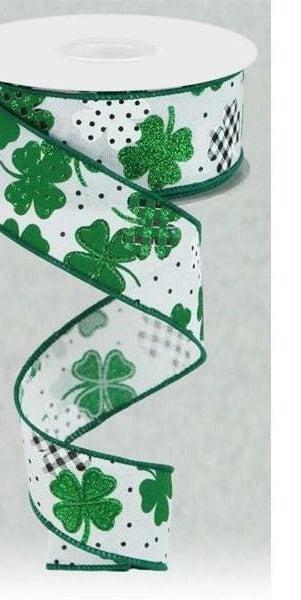 1.5" Pattern Shamrock Ribbon: White (10 Yards) - Michelle's aDOORable Creations - Wired Edge Ribbon