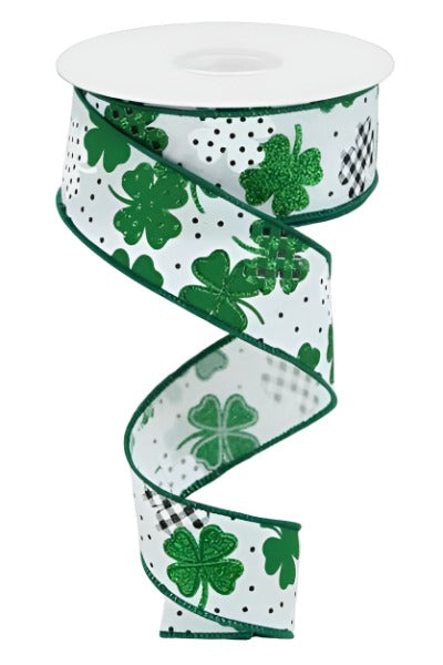 1.5" Pattern Shamrock Ribbon: White (10 Yards) - Michelle's aDOORable Creations - Wired Edge Ribbon