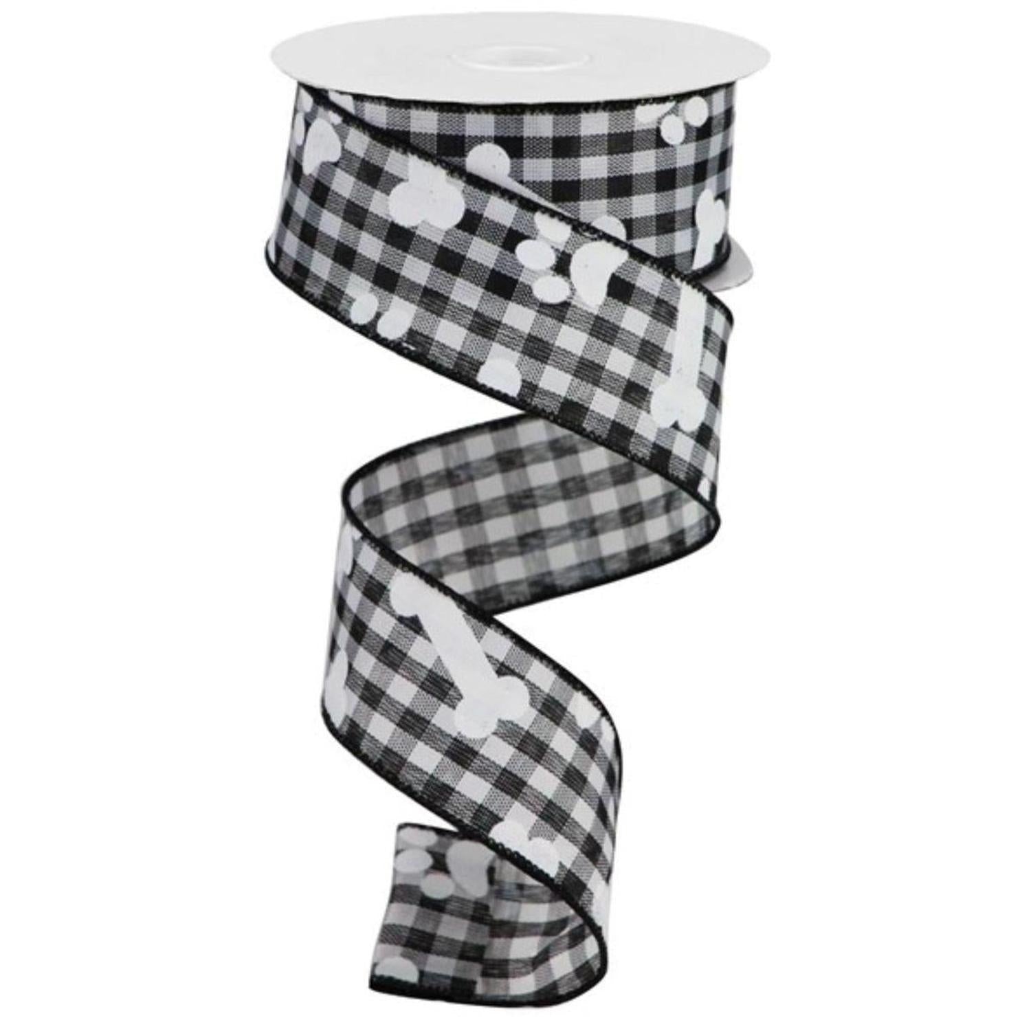 Shop For 1.5" Paw Print Bone Check Ribbon: Black/White (10 Yards) at Michelle's aDOORable Creations