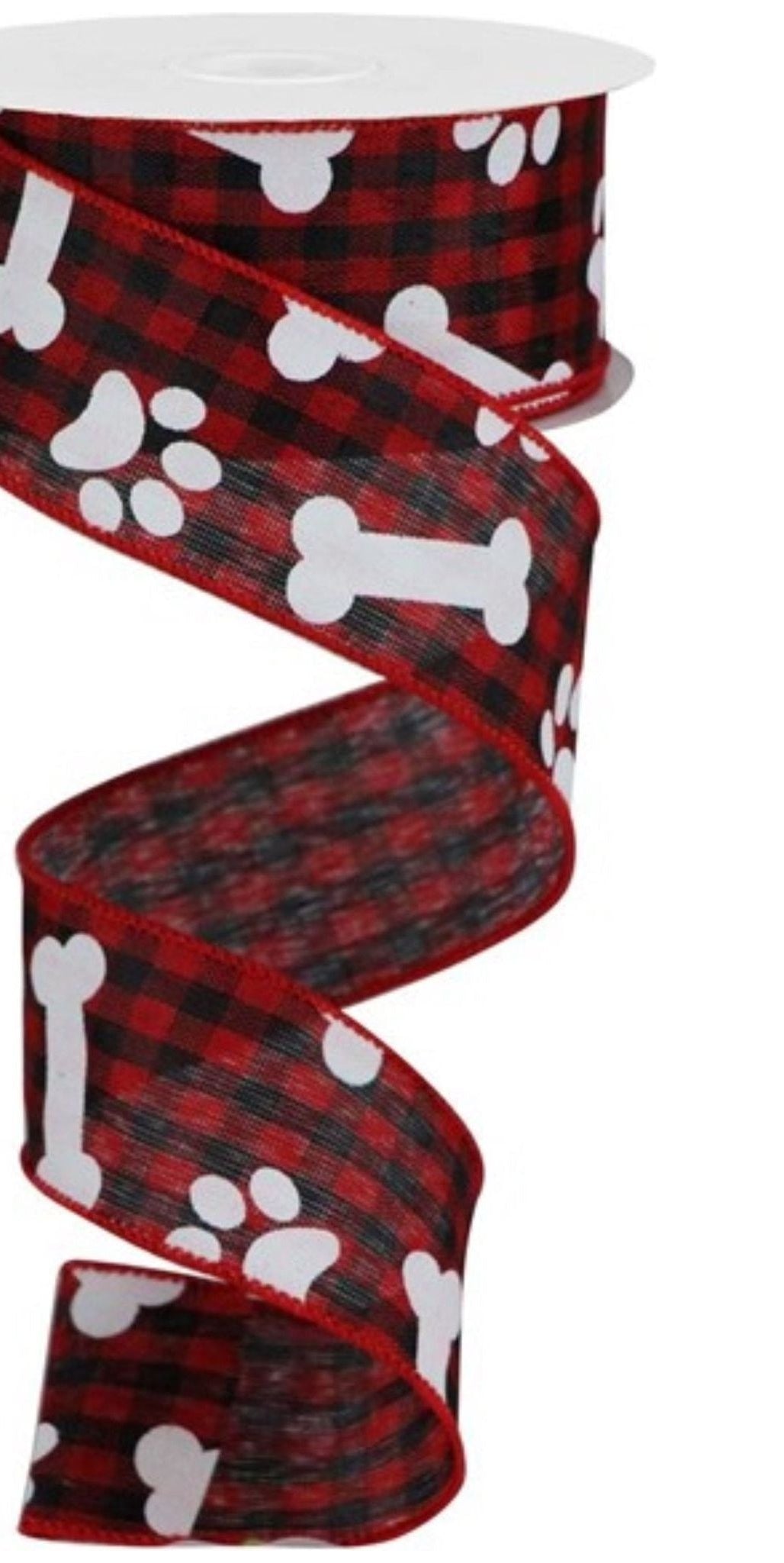 1.5" Paw Print Bone Check Ribbon: Red/Black (10 Yards) - Michelle's aDOORable Creations - Wired Edge Ribbon