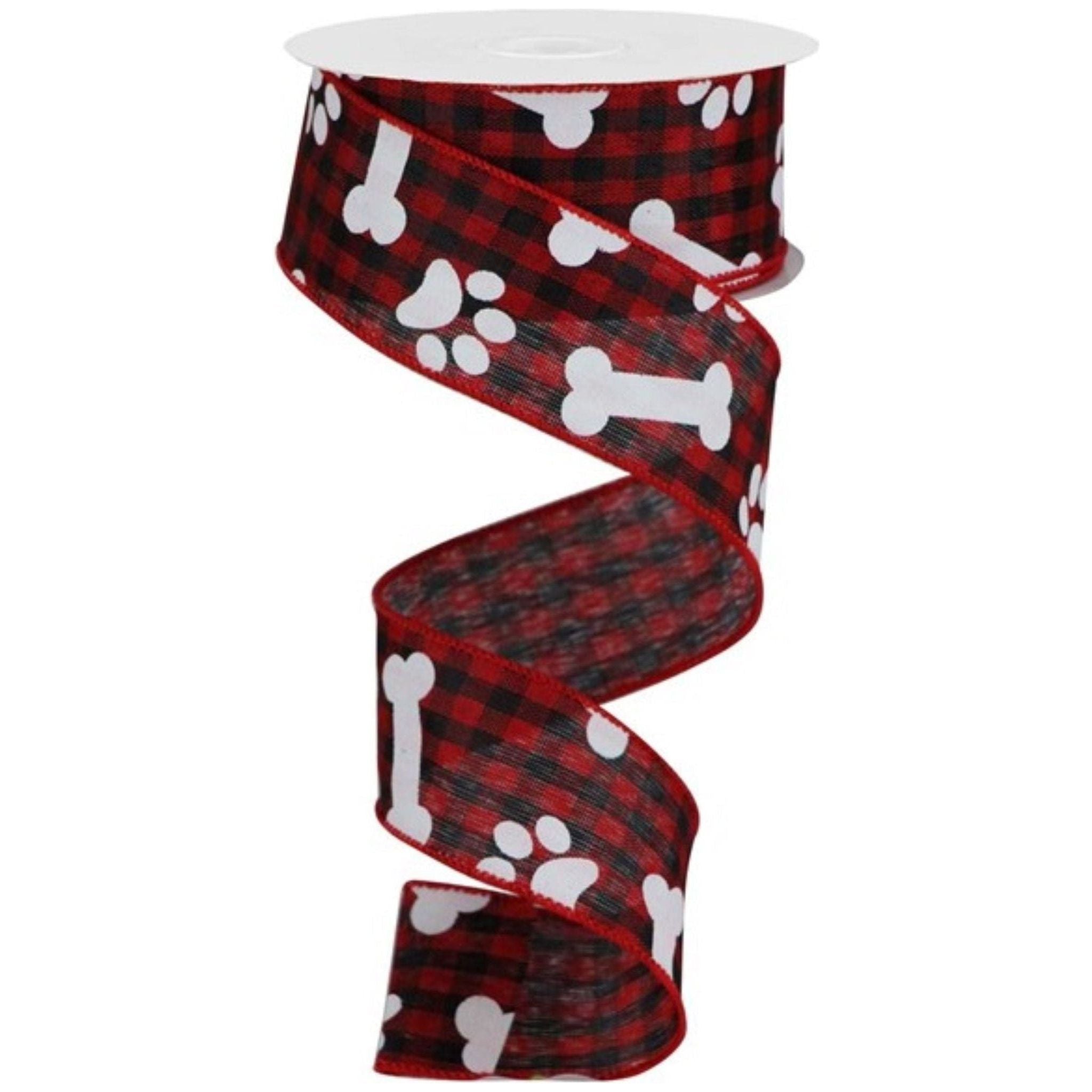 Shop For 1.5" Paw Print Bone Check Ribbon: Red/Black (10 Yards) at Michelle's aDOORable Creations
