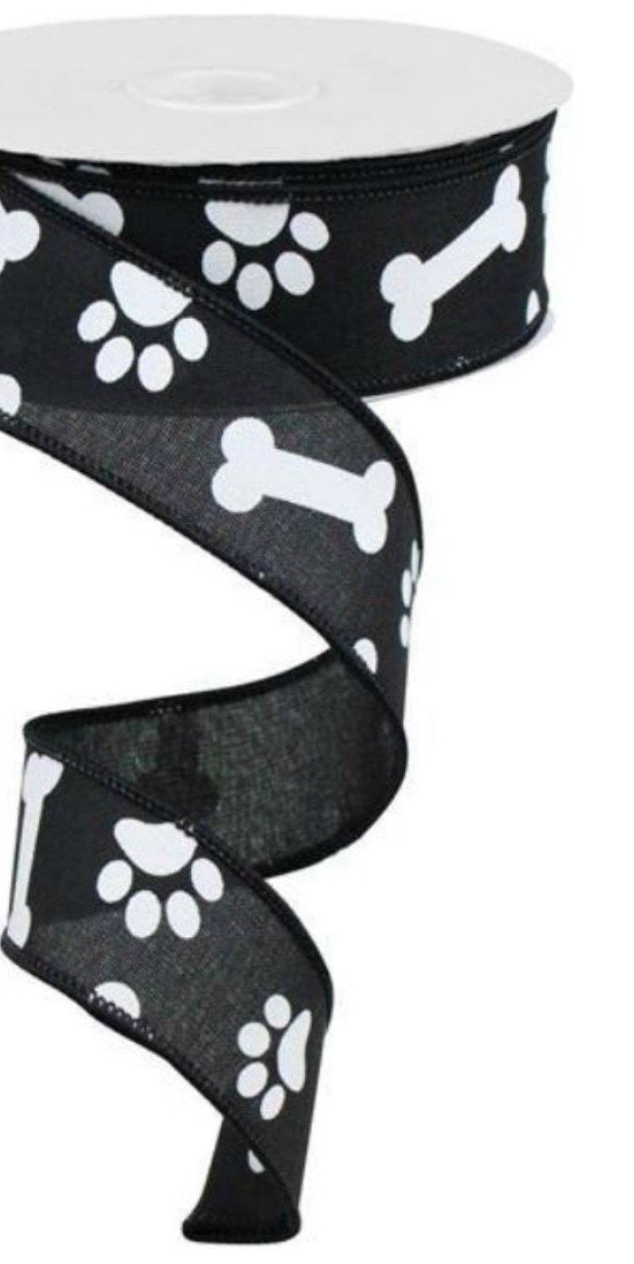1.5" Paw Print Royal Ribbon: Black (10 Yards) - Michelle's aDOORable Creations - Wired Edge Ribbon