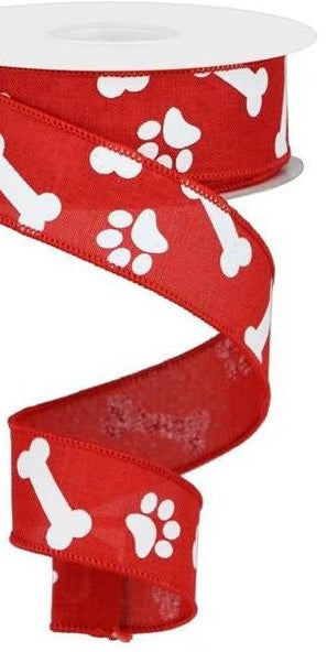 1.5" Paw Print Royal Ribbon: Red & White (10 Yards) - Michelle's aDOORable Creations - Wired Edge Ribbon