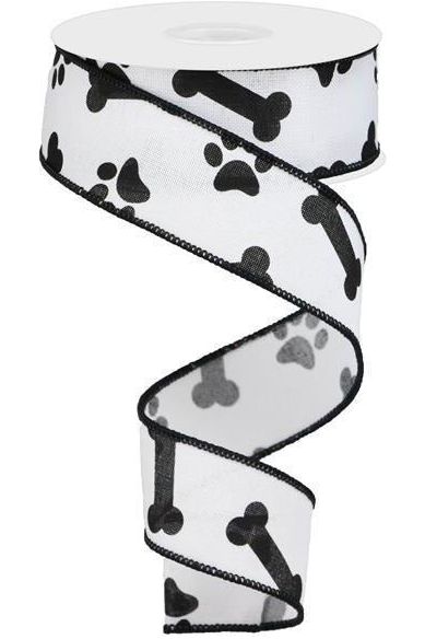 1.5" Paw Print Royal Ribbon: White & Black (10 Yards) - Michelle's aDOORable Creations - Wired Edge Ribbon