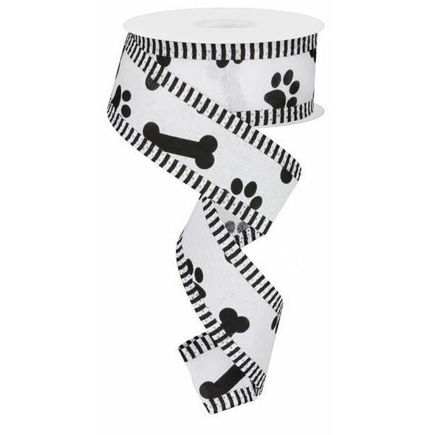1.5" Paw Print Thin Stripe Ribbon: White & Black (10 Yards)