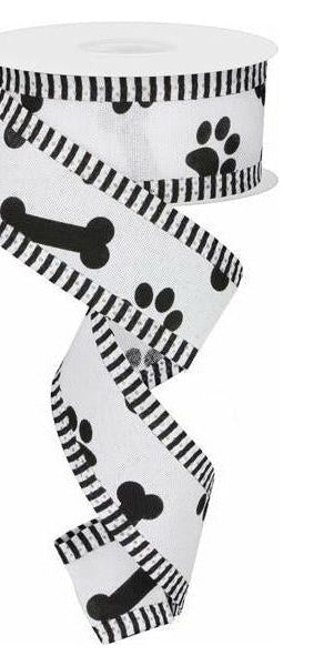 1.5" Paw Print Thin Stripe Ribbon: White & Black (10 Yards) - Michelle's aDOORable Creations - Wired Edge Ribbon
