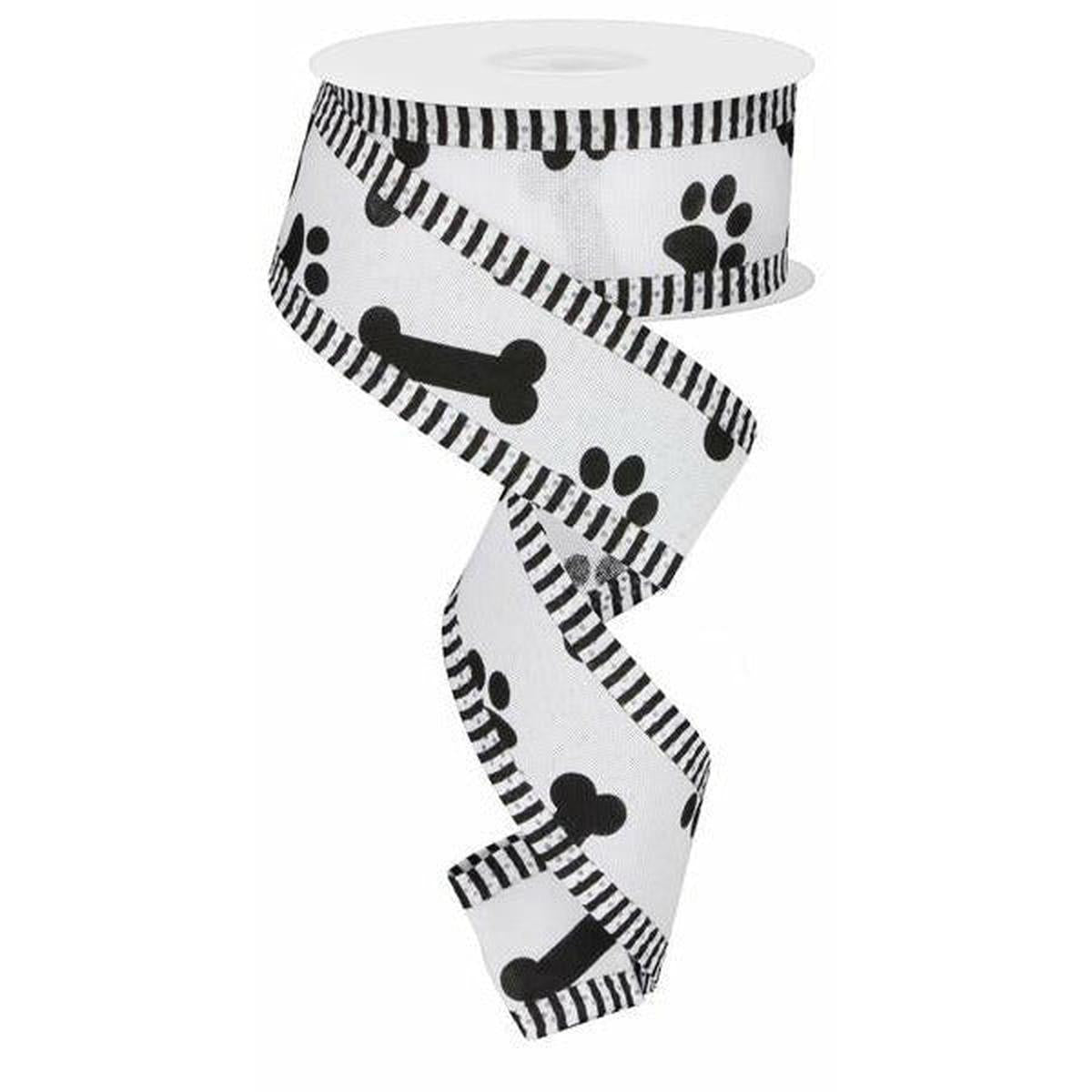 Shop For 1.5" Paw Print Thin Stripe Ribbon: White & Black (10 Yards) at Michelle's aDOORable Creations