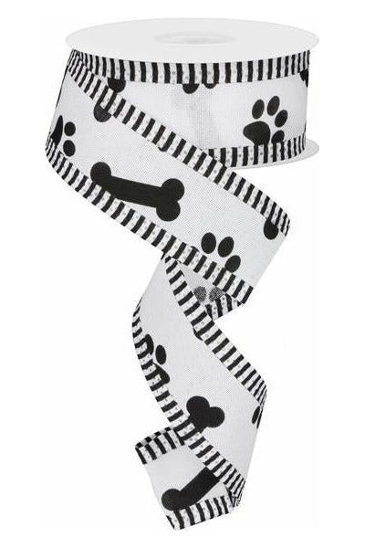 Shop For 1.5" Paw Print Thin Stripe Ribbon: White & Black (10 Yards) at Michelle's aDOORable Creations