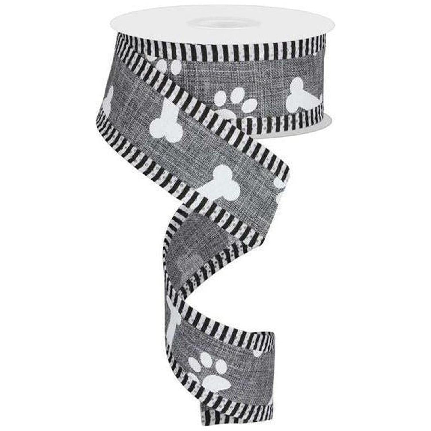 1.5" Paw Print Thin Stripes Ribbon: Grey (10 Yards)