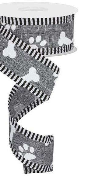 1.5" Paw Print Thin Stripes Ribbon: Grey (10 Yards) - Michelle's aDOORable Creations - Wired Edge Ribbon