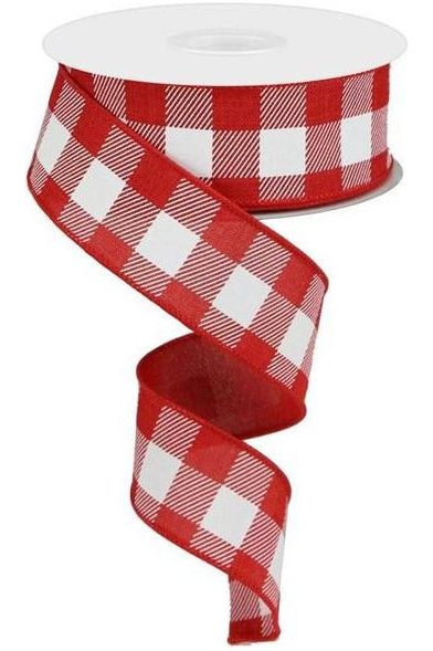 1.5" Plaid Check Ribbon: Red & White (10 Yards) - Michelle's aDOORable Creations - Wired Edge Ribbon