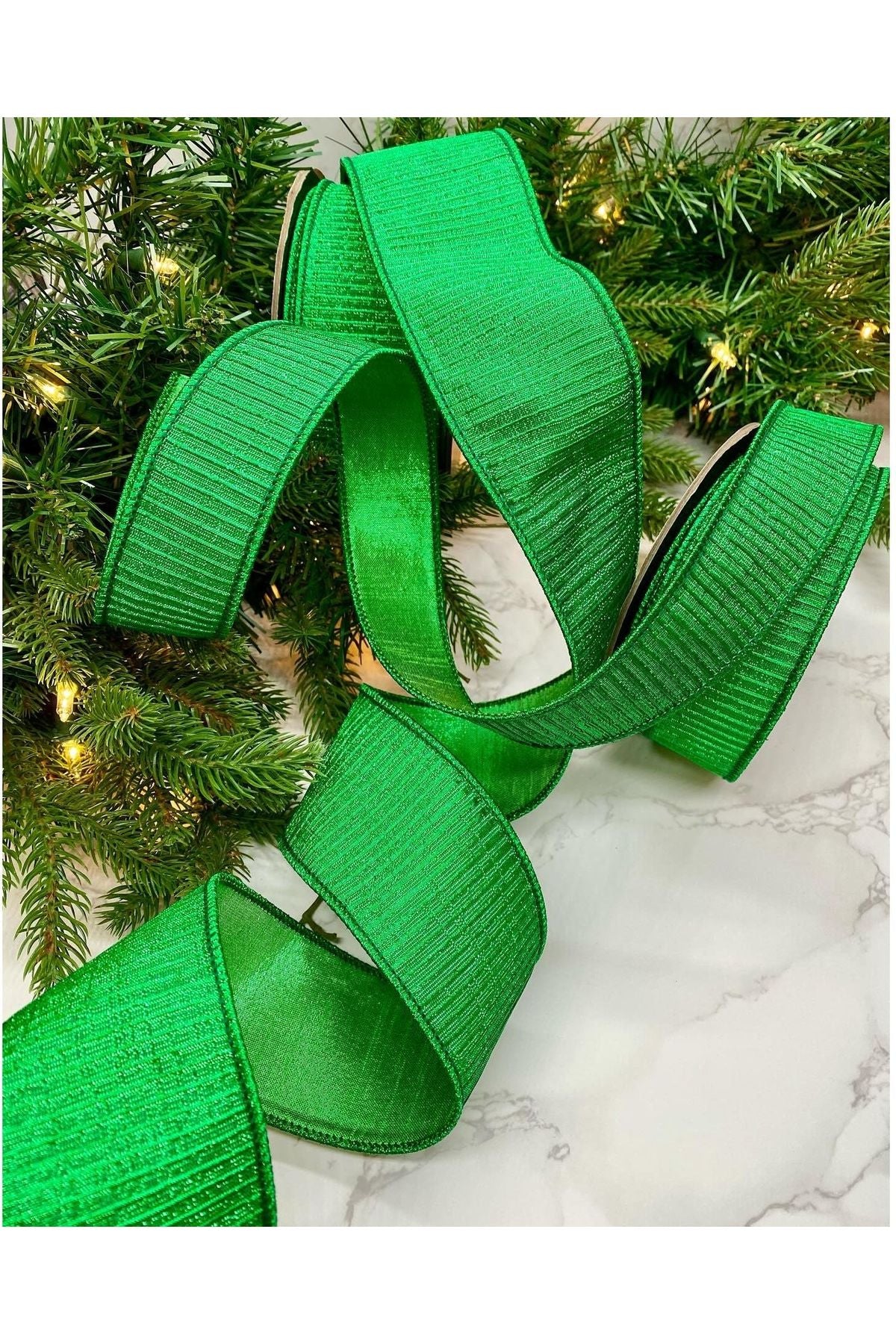 1.5" Pleated Lame Ribbon: Green (10 Yards) - Michelle's aDOORable Creations - Wired Edge Ribbon